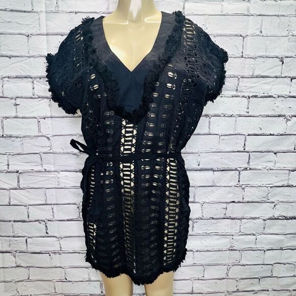 Antonio Melani Womens Black V-Neck Eyelet Lace Embroidered Cover Ups Medium NWT - Picture 1 of 10